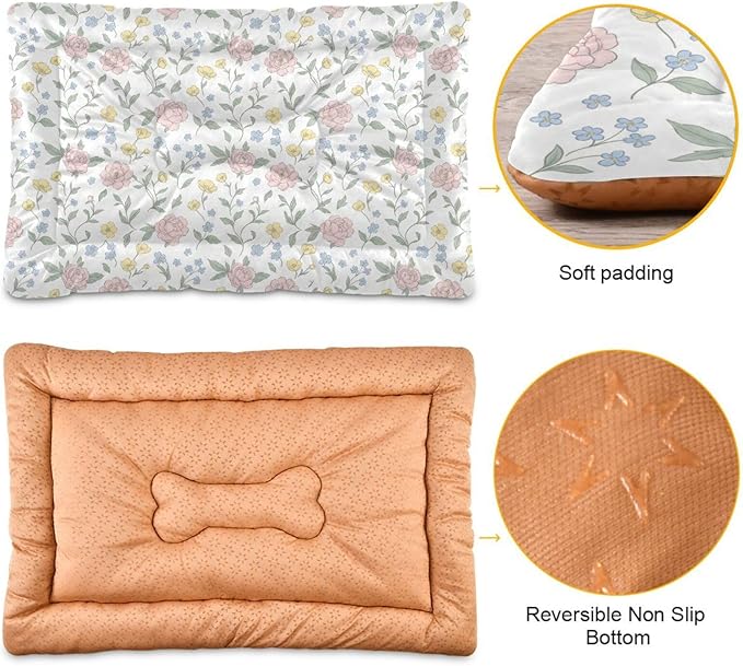 Dog Bed for Crate Washable Pet Sleep Pad, Floral Print Kennel Mat with Non-Slip Bottom, Soft Fluffy Supplies Pet for Dogs and Cats (36x24 inch)
