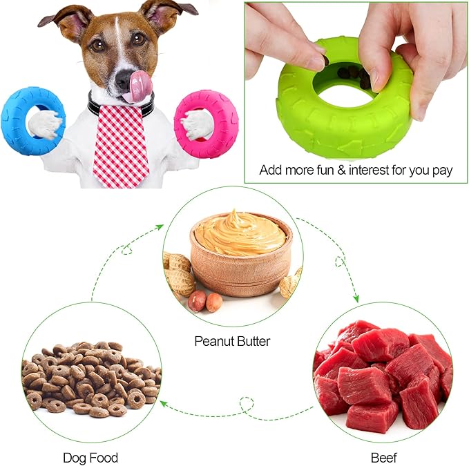 Leitee 3 Pieces Tire Chew Toy Treat Dispenser Indestructible Rubber Toy for Small to Medium Dogs Puppy Aggressive Chewers - Blue, Red, Yellow