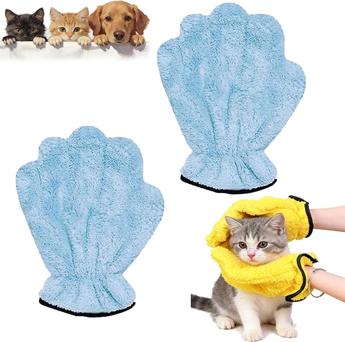 2026 New Corals Fleece Pet Grooming Gloves, Soft Cat Bathing Mitts, Gentle Absorbent Towel Gloves, Reusable and Lightweight, Quickly Drying Dogs Cats (Blue, 2pcs)