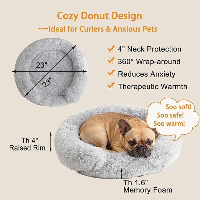 Calming Dog Bed for Small Medium Dogs, Anti-Anxiety Donut Washable Puppy Bed Orthopedic Cushion, Soft Fluffy Faux Fur Plush Warming Cozy Cat Bed Fits up to 25 lbs Pets (Round, Pale Grey 23")