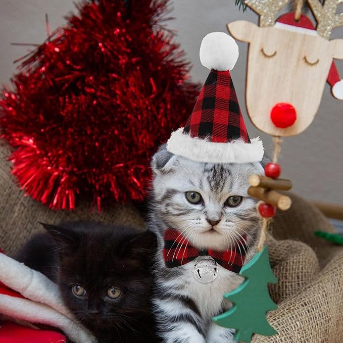 UKCOCO 2 Sets Christmas Pet Hats and Bow Ties for Dogs and Cats – Plaid Small Dog Neck Tie and Puppy Party Supplies – Festive Holiday Costume Accessories for Pet Christmas Dress-up