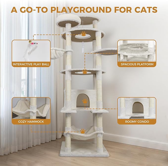 78.8 Inches Cat Tower for Indoor Cats, Cute Cat Tree with Cozy Condo, Platform, Hammock, Sisal Scratch Board and Interactive Toy (Beige)
