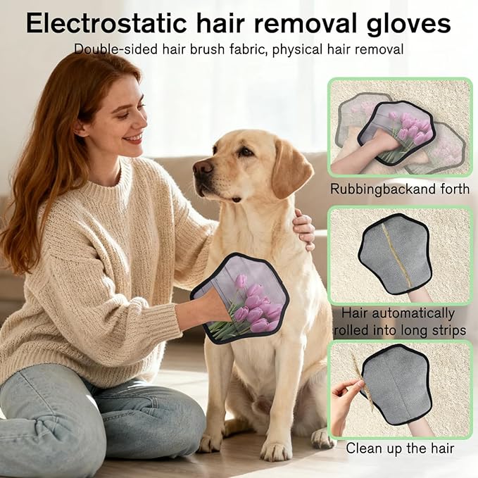 Reusable Pet Hair Removal Glove Tulip Blossoms Magic Brush for Cat & Dog Hair Remover for Car, Sofa, Bedding, Clothes - 9x9 Mitt Washable