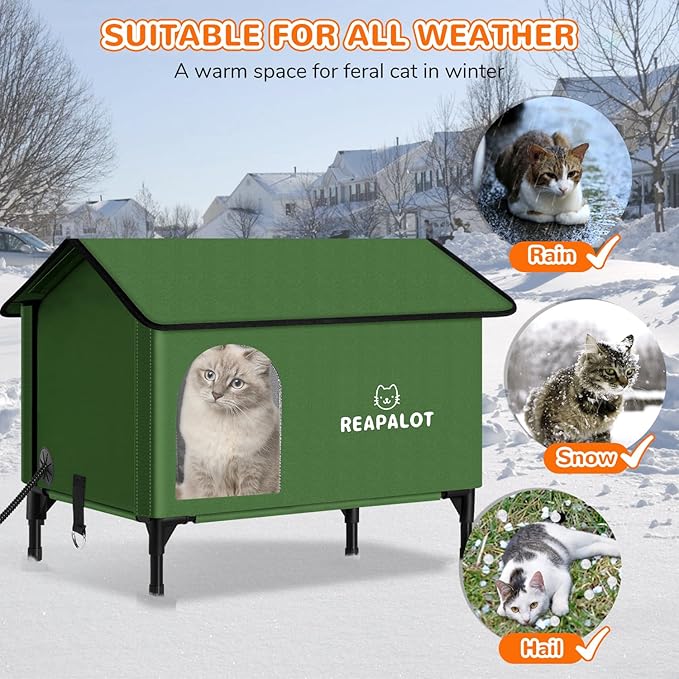 REAPALOT Heated Cat House for Outside Cat in Winter, Insulated Outdoor Feral Cat Shelter with Cat Heating Pad, Elevated Heated Kitty House for Multiple Cats (Green, L(24.4"x16.9"x24.4"))