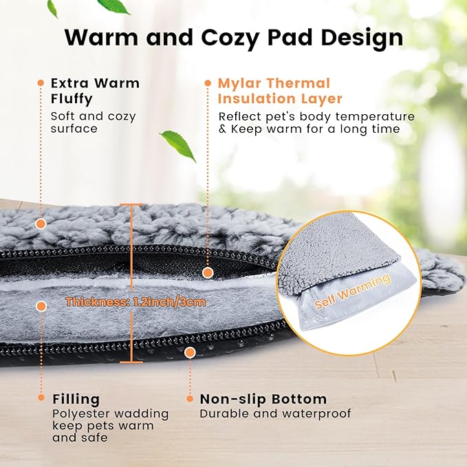 Dog Bed Mat Self Heating Pad for Medium Small Dogs, Dog House Bed Crate Pad for Sleeping Self Warming Pet Bed Puppy Blanket with Removable Washable Cover, Grey 36 Inches