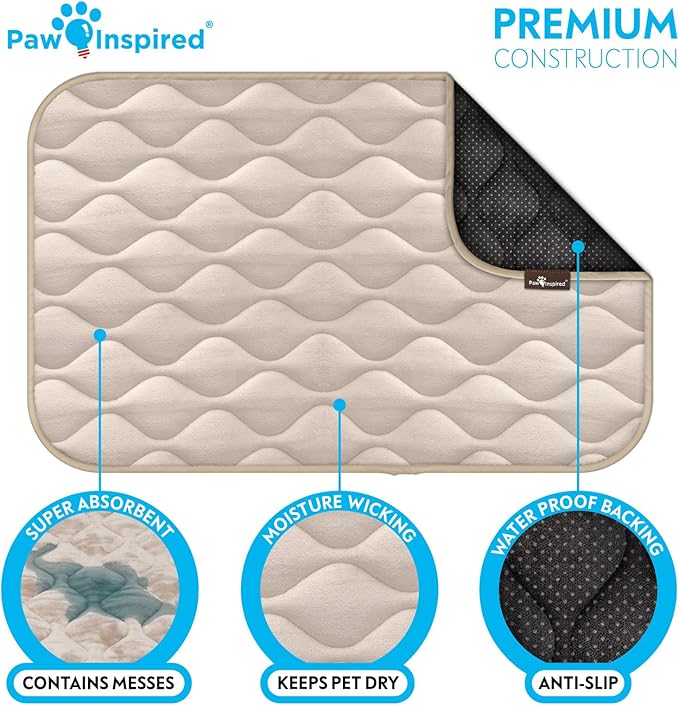 Paw Inspired Washable Padded Crate Mats for Dogs | 35” x 22” Pad, Fits 36-inch Kennels | Leakproof, Waterproof Bottom, Plush Pet Beds (Tan)