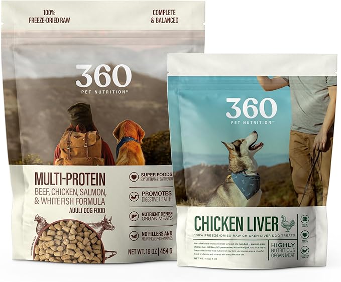 360 Pet Nutrition Freeze Dried Multi Protein Complete Meal for Adult Dogs, High Protein, Omega 3's, No Fillers, Made in The USA + Chicken Liver Treat