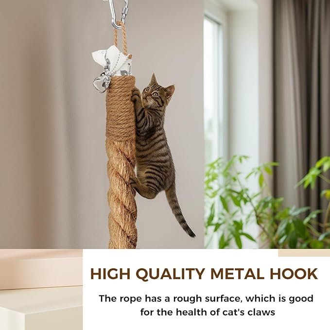 Weysat 1.97'' x 8.9 ft Cat Climbing Jute Rope with Hook Ceiling Wall Mounted Kitten Scratching Post Climbing Rope Toy for Indoor Outdoor Cats