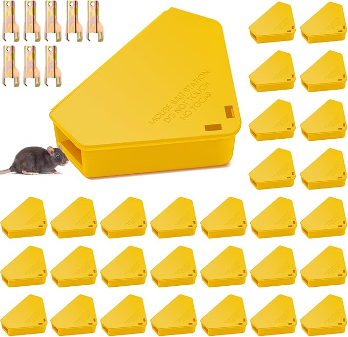 Qualirey Mice Station with Key Triangle Mouse Station Reusable Rodent Trap Box, Keeps Children and Pets Safe Indoor & Outdoor Suitable for Small Mice(Yellow,36 Pcs)