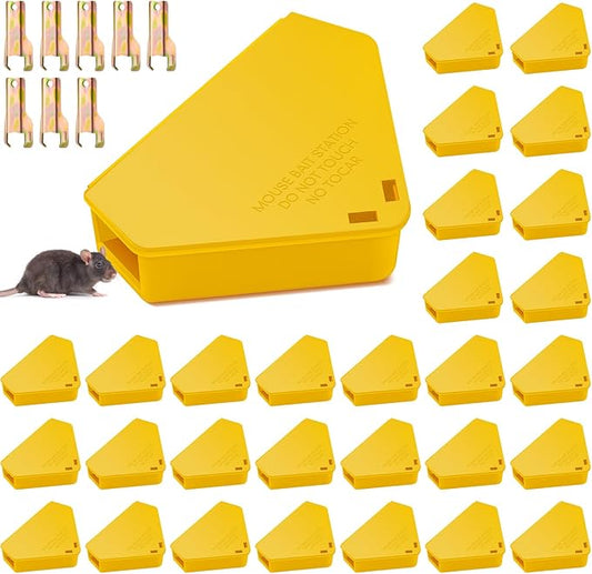Qualirey Mice Station with Key Triangle Mouse Station Reusable Rodent Trap Box, Keeps Children and Pets Safe Indoor & Outdoor Suitable for Small Mice(Yellow,36 Pcs)