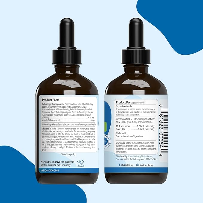 Pet Wellbeing Lung Gold for Cats - Respiratory Support for Feline Lungs, Healthy Immune Defenses Lower Respiratory Tract - NASC Certified & Vet-Formulated - 4 oz Liquid