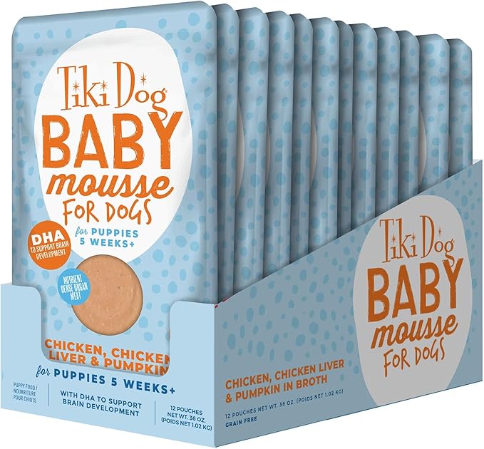 Tiki Dog Aloha Petites Puppy, Chicken with Chicken Liver & Pumpkin, Grain Free Recipe with Protein, Mousse For Small Breed Dogs and All Life Stages, 3 oz. Pouch (12 Count)