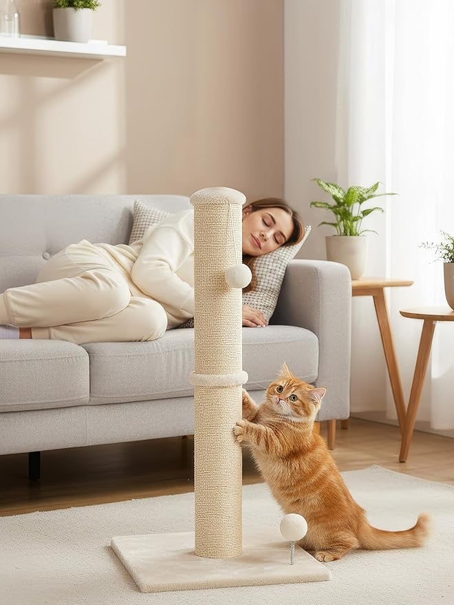 Cat Scratching Post 33-Inch Cat Scratching Post Natural Sisal Rope Mounting Methods Scratcher Tree Tower with Stable Base and Hanging Toy Balls for Indoor Cats and Kittens