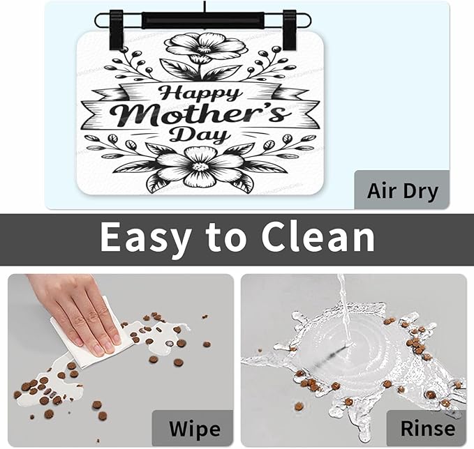 Pet Feeding Mat White Happy Mother's Day Floral Gift Mom EU Absorbent Pet Placemat for Food Water Bowl with Waterproof Rubber Backing 18X12In Quick Dry Water Dispenser Mat for Dog Cat