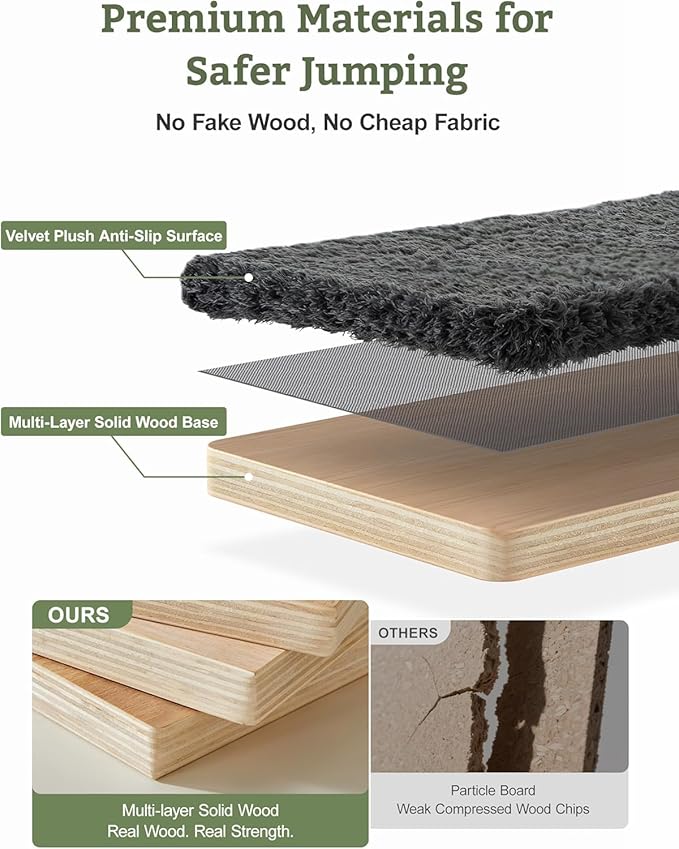 5-in-1 Cat Wall Shelves, Solid Wood & Velvet Wall Mounted Cat Furniture with Sisal Scratching Post, Holds Up to 44lbs, Fits Drywall & Solid Walls - Dark Gray