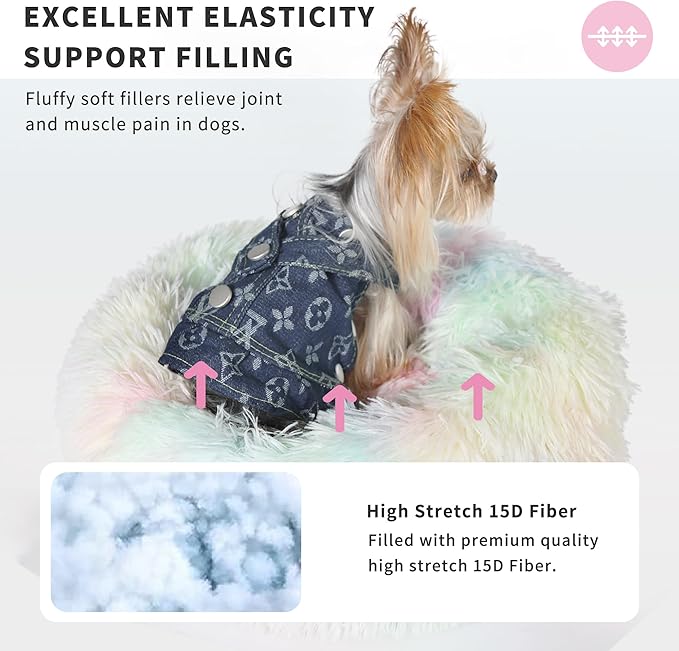 Fluffy Rainbow Dog Bed Extra Small Washable,Calming Dog Bed Rainbow for Small Dogs 15 inches Donut Soft Small Pet Bed,Anti Anxiety Round Fits up to 5 lbs Warm Comfort Pets Beds for Puppy Dogs Indoor