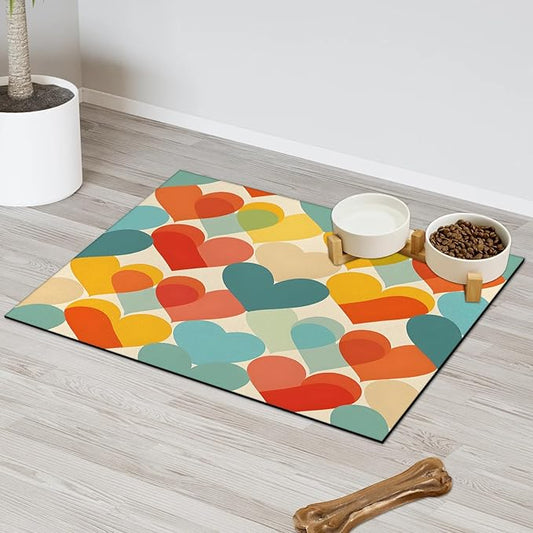 Love Dog Food Mat for Floors Absorbent, Quick Dry Water Dispenser Mat for Food, Water, Pet Supplies 17" x 30", Colorful Heart
