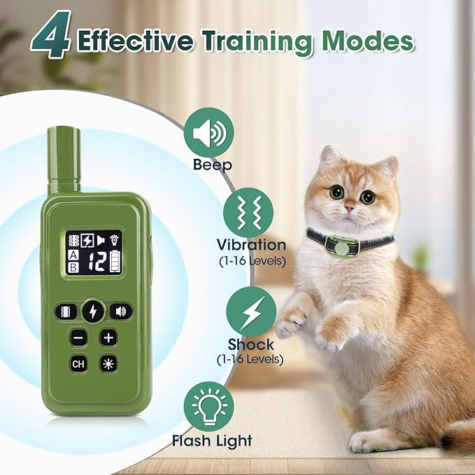 Cat Shock Collar, Ultra-Light & Thin Cat Training Collar with 2000ft Remote, Tailored for Cats & Small Dogs, 99-Level Precise Training to Stop Meowing, Effective for Bad Behavior，Green
