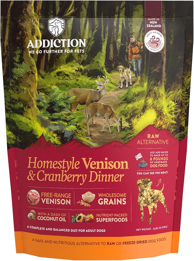 Addiction Homestyle Venison & Cranberry Dinner Raw Alternative Dog Food - Gently Air-Dried Complete Meal or Dog Food Topper for Digestive and Skin and Coat Health, 2 lb
