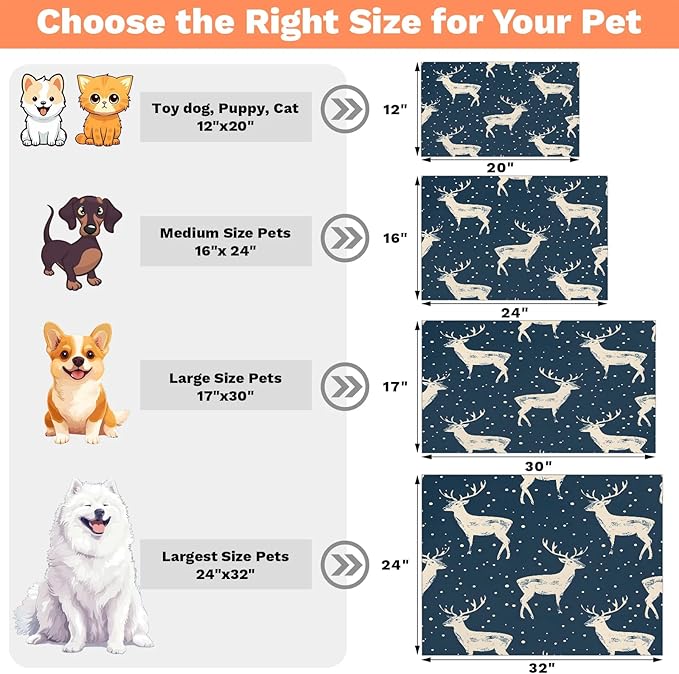 Christmas Deers Dog Food Mat for Floors Absorbent, Quick Dry Water Dispenser Mat for Food, Water, Pet Supplies 24" x 32", Winter Snowflake