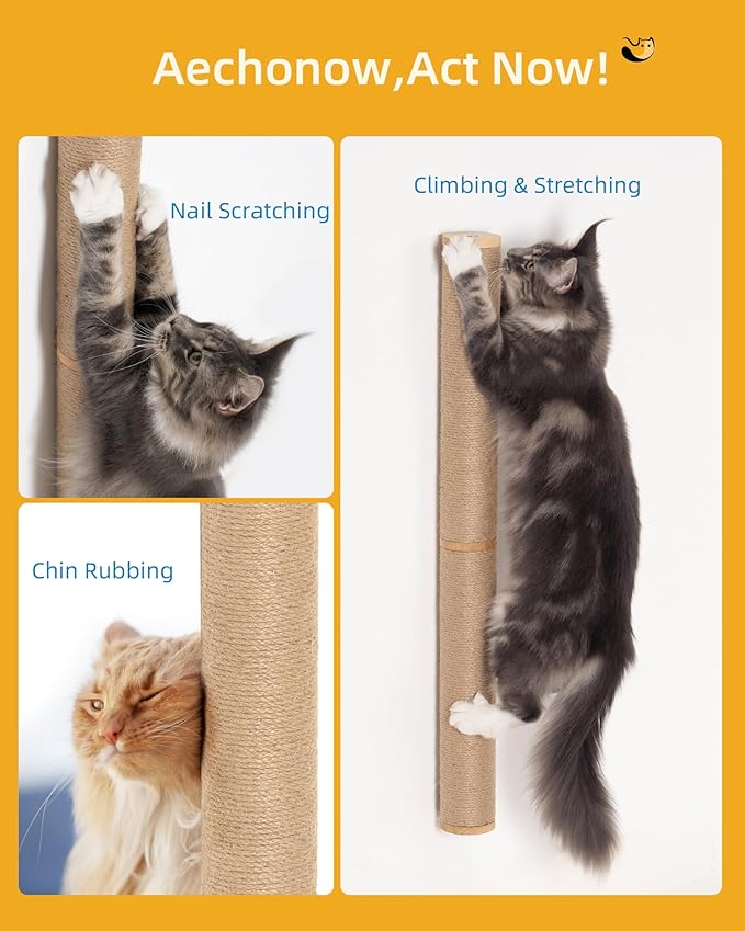 68" Wall Mounted Cat Scratcher, 2-Pcs of 34inch Tall Sisal Scratching Posts, Wall Mounted Cat Pole for Indoor Large Adult Cats Climb Stretch Play, Wooden
