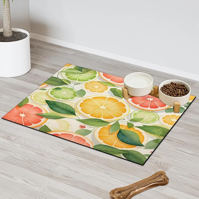 Lemon Fruit Dog Food Mat for Floors Absorbent Dog Bowl Mat for Food and Water Dispenser Quick Dry Cat Food Placemat Pet Supplies 17" x 30", Green Leaves