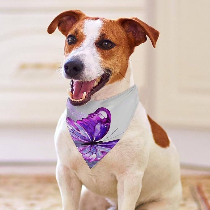 Dog Bandana Spring Pet Scarf Adjustable Triangle Purple Butterfly Printing Dog Bib Washable Polyester Puppy Bandana for Small Medium Large Dogs Cat Birthday Party Supplies