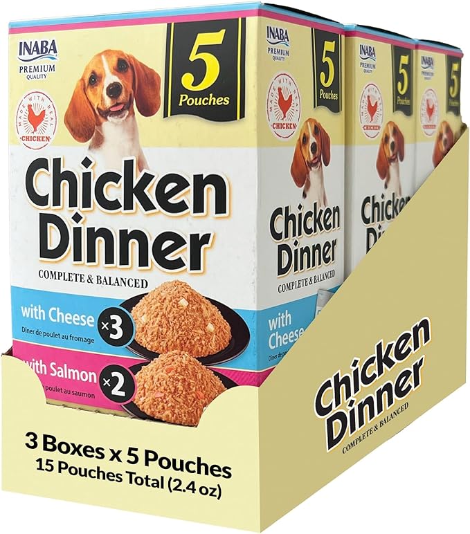 INABA Chicken Dinner for Dogs, Soft Pate Wet Dog Food, Complete & Balanced, 2.4 oz. Pouch, 15 Pouches, Cheese & Salmon Variety