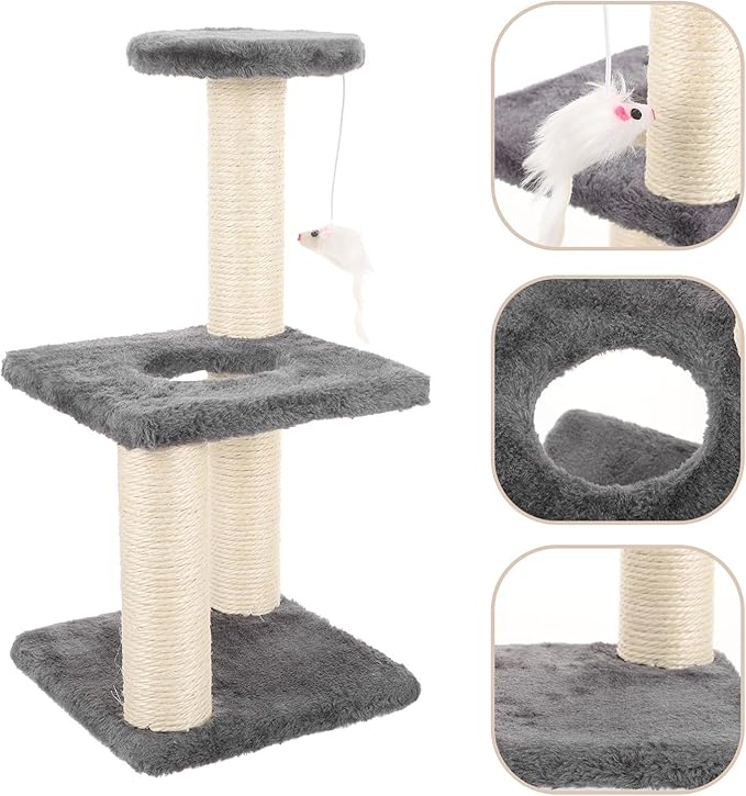 BESTonZON Multi-Layer Sisal Cat Scratcher with Mouse Three-Tier Sturdy Kitten Climbing Tower Gray Cat Scratch Post for Indoor and Daily Use