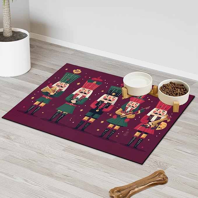 Nutcrackers Xmas Dog Food Mat for Floors Absorbent, Quick Dry Water Dispenser Mat for Food, Water, Pet Supplies 17" x 30", Merry Christmas