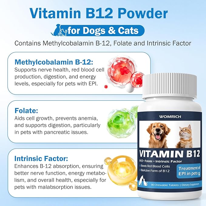 Appetite Stimulant Vitamin B12 Tablets for Cats and Dogs – Methylcobalamin B12 – Treatment of EPI in Pets Supports Energy, Red Blood Cell Formation, Nervous System, and Appetite – 90 Tablets
