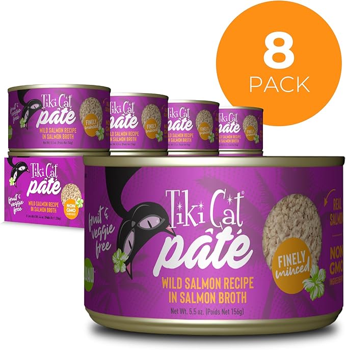 Tiki Cat Luau Pâté, Wild Salmon Recipe in Salmon Broth, Grain-Free Balanced Nutrition Wet Canned Cat Food, for All Life Stages, 5.5 oz. Cans (Pack of 8)