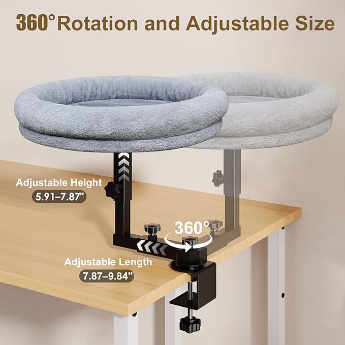 Large Cat Desk Bed, 360°Rotating & Adjustable Shelf, 18" Thickening Cat Bed for Desk, Soft Faux Fur with Mat, Suitable for Various Desktops - Maximum Hold Up to 50lb (Dark Gray)