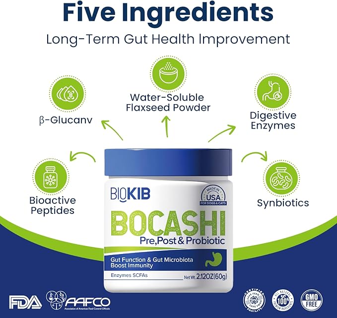 BOCASHI Probiotics Food Toppers for Dogs & Cats, Pet Fermented Nutritional Powder for Digestive Health, Gut Support, Diarrhea & Constipation, Immune Booster - Natural, Made in USA - 60 Scoops