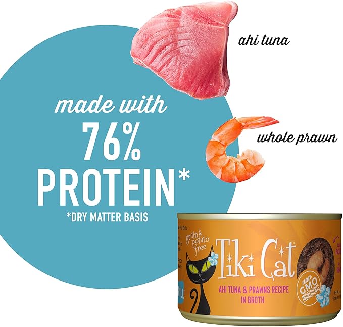 Tiki Cat Grill, Ahi Tuna & Prawns, High-Protein and 100% Non-GMO Ingredients, Wet Whole Foods Cat Food for All Life Stages, 6 oz. Cans (Pack of 8)