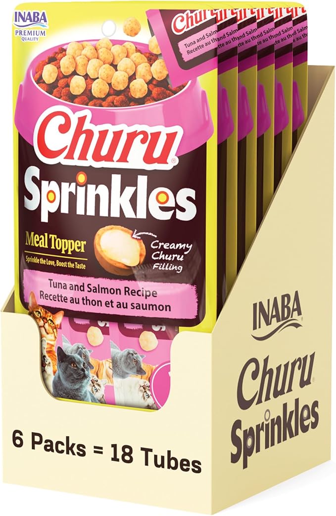 INABA Churu Sprinkles for Cat, Soft & Chewy Churu Filled, Baked Chicken Cat Treat Meal Topper with Vitamin E and Green Tea Extract, 1.05 oz. per Pack, 18 Packs Total, Tuna and Salmon Recipe