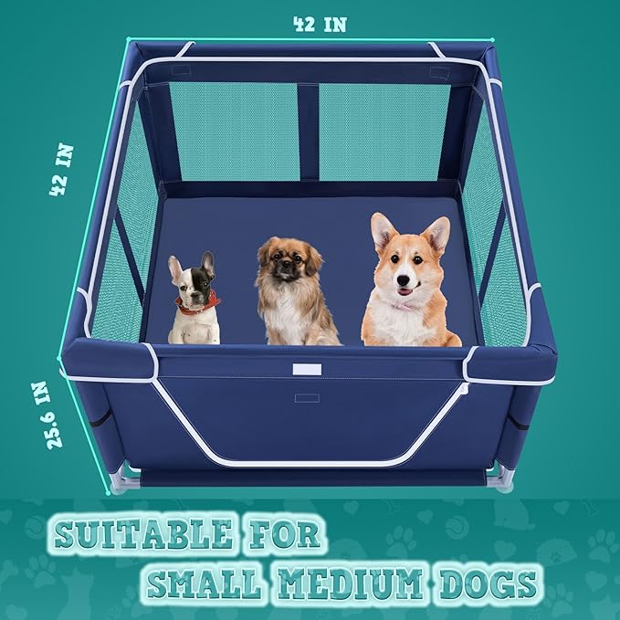 42x42 Inches Puppy Playpen with Gate, Dog Playpen for Puppies or Small Dogs, DogFence Pet Playpen for Indoor & Outdoor, Sturdy Safety DogPen with Thickened Fabric, High-Strength Nylon Wire Mesh
