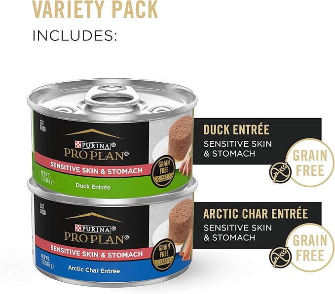 Purina Pro Plan Sensitive Skin and Stomach Wet Cat Food Variety Pack,Duck and Artic Char Entrees - 3 oz. Cans,(Pack of 48)
