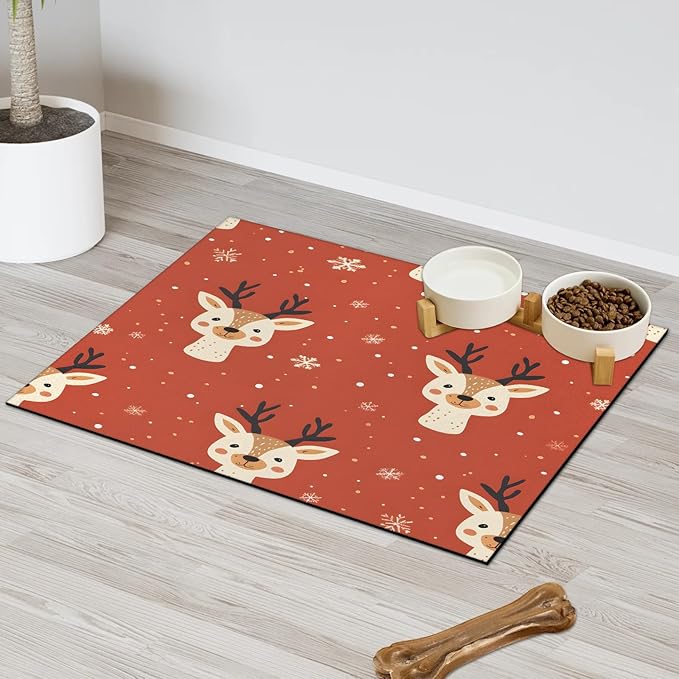 Red Christmas Deer Dog Food Mat for Floors Absorbent, Quick Dry Water Dispenser Mat for Food, Water, Pet Supplies 24" x 32", Winter Snowflake