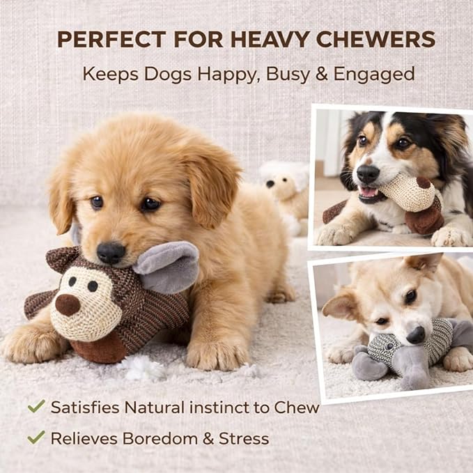 Pet Lori Linen Safari Companions with Squeaker & Crinkle - Durable Chew-Resistant Plush Toy for Small & Medium Dogs, Anxiety Relief & Teeth Cleaning, Fun Elephant & Lion Animal Shapes (Monkey)