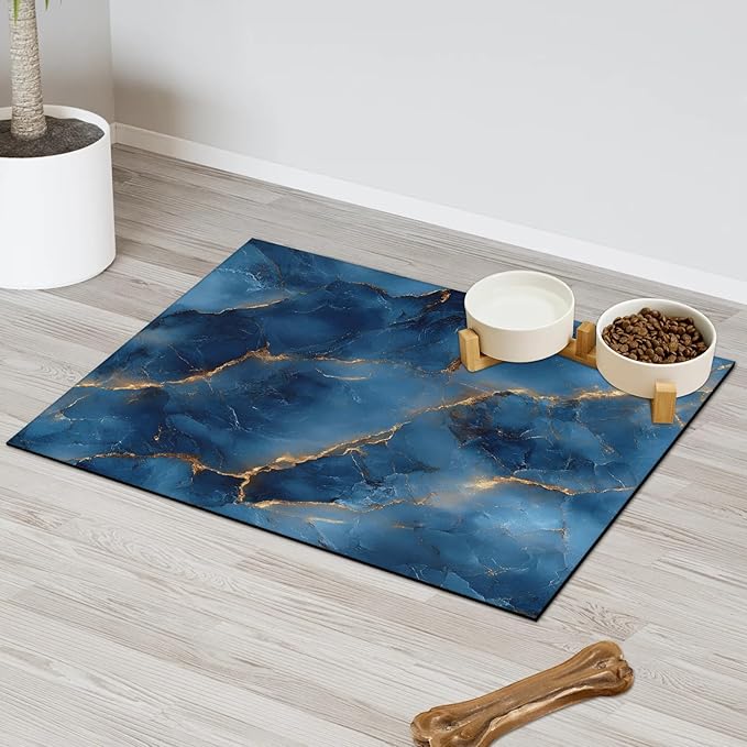 Blue Marble Dog Food Mat for Floors Absorbent, Quick Dry Water Dispenser Mat for Food, Water, Pet Supplies 17" x 30", Modern Abstract