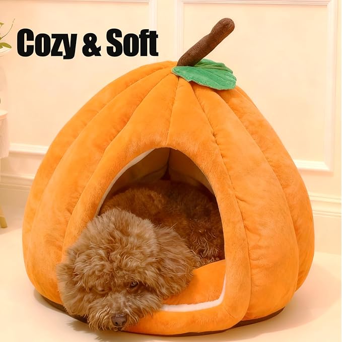Cat Bed for Indoor Cats - Adorable Cozy Pumpkin Cat Cave with Removable Cushion, Super Soft Pet House Tent for Kittens & Small Pets, Warm & Washable Non-Slip Design(S 15 inch Orange)