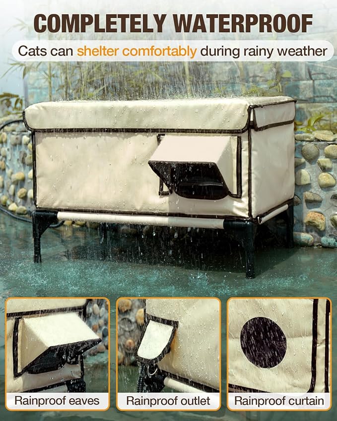 Weatherproof Heated Cat House for Outdoor in Winter, Heated Cat Bed Kitty Shelter with Cat Heating Pad, Insulated & Safe Escape Door, Warm House for Outside Stray Cat (Beige, 17.7"x25.5"x17.9")