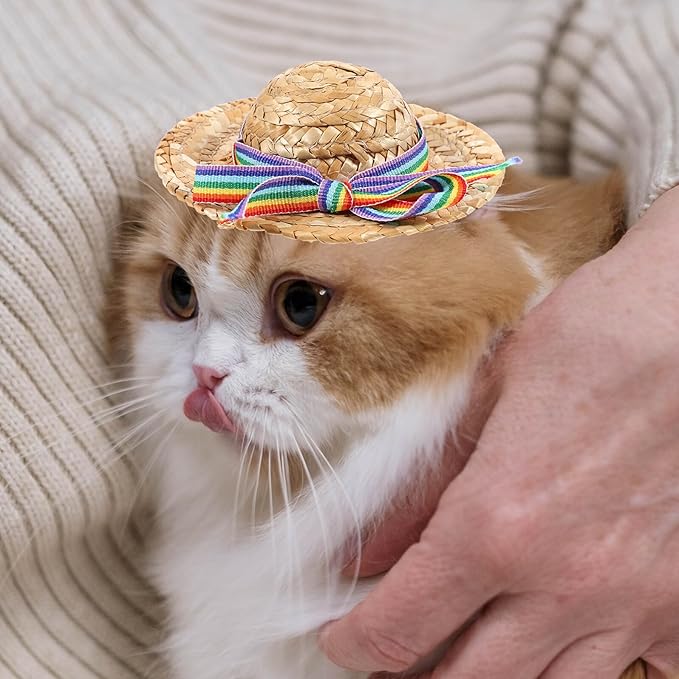 Small Pet Straw Hat Natural Straw Bow, Dog Cosplay Sun Hat Party Headgear for Puppies and Cats, Photo Prop Accessory for Pet Supplies
