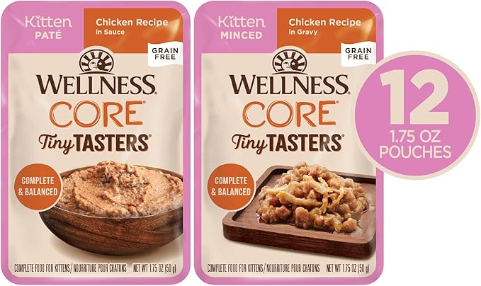 Wellness CORE Tiny Tasters Minced & Pate Kitten Wet Cat Food, Natural, Protein-Rich, Grain Free, 1.75-Ounce Pouch, 12 Pack, (Chicken Variety Pack)