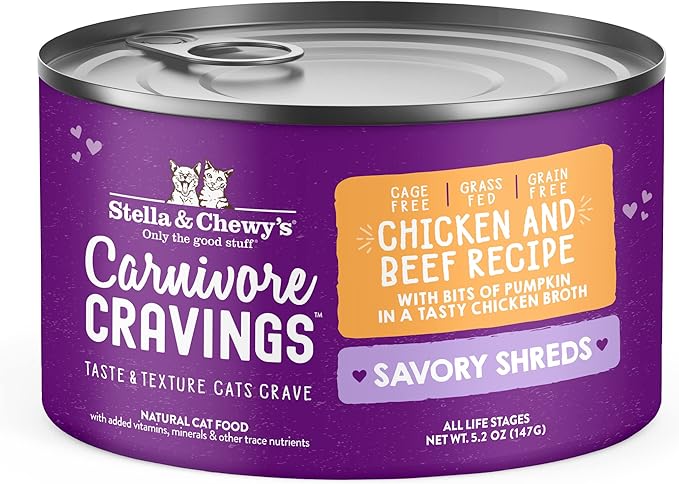 Stella & Chewy's Carnivore Cravings Savory Shreds - Wet Cat Food - High-Moisture Formula with Premium Cage-Free Chicken & Grass-Fed Beef - Perfect for Picky Eaters - 5.2 oz, 24 Count