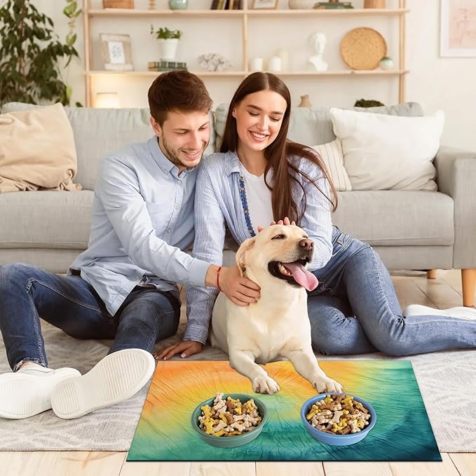 Tie Dye Dog Food Mat for Floors Absorbent, Quick Dry Water Dispenser Mat for Food, Water, Pet Supplies 17" x 30", Abstract