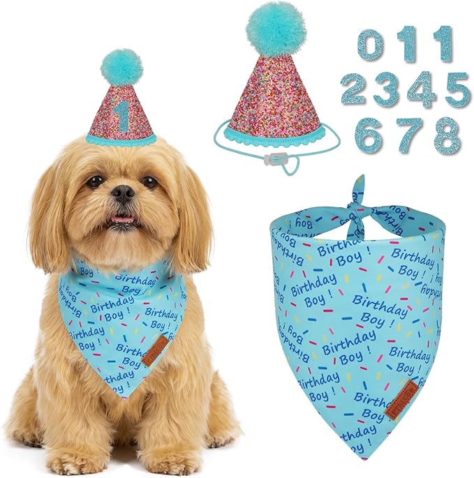 PTDECOR Dog Birthday Party Supplies, Blue Birthday Boy Bandana, Glitter Dog Birthday Hat with Numbers for Small Dogs Pets (Small)