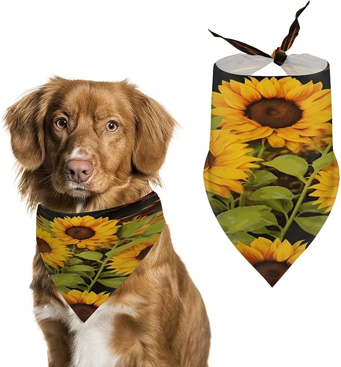 Dog Bandana Spring Pet Scarf Adjustable Triangle Sun Flower Printing Dog Bib Washable Polyester Puppy Bandana for Small Medium Large Dogs Cat Birthday Party Supplies