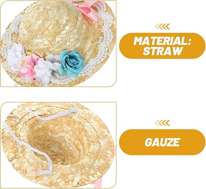 Pet Summer Straw Hat with Bowknot, Wear-Resistant Puppy Cosplay Hat, Decorative Small Size Outdoor Dog Accessory for Photo Props and Pet Supplies
